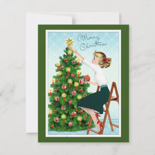 Cartes Pour Fêtes Annuelles Dame vintage des années 1920 décorant un arbre de