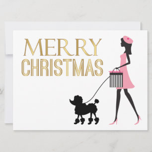 Cartes Pour Fêtes Annuelles Dame vintage en rose chien noir caniche Joyeux Noë