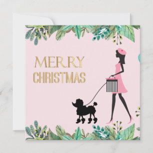 Cartes Pour Fêtes Annuelles Dame vintage marchant avec un caniche noir Joyeux