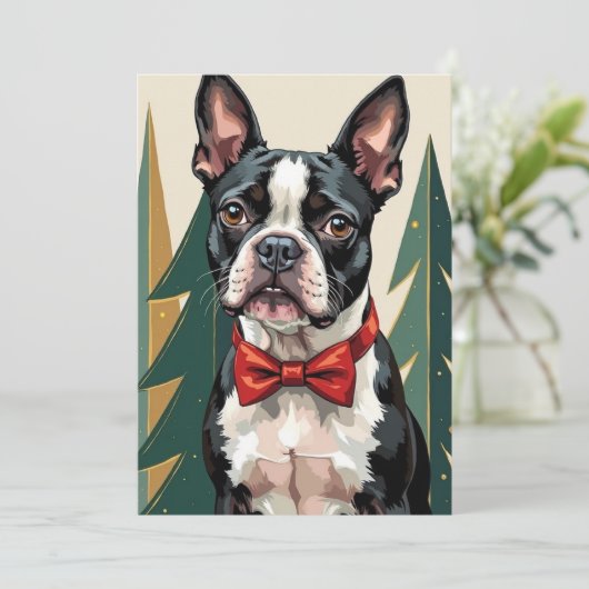 Cartes Pour Fêtes Annuelles Dapper Boston Terrier Tuxedo Modern Christmas Art (Debout devant)