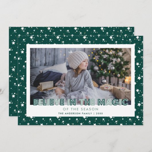 Cartes Pour Fêtes Annuelles Dark Green Believe In Magic Stars Photo (Devant / Derrière)
