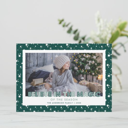 Cartes Pour Fêtes Annuelles Dark Green Believe In Magic Stars Photo (Debout devant)