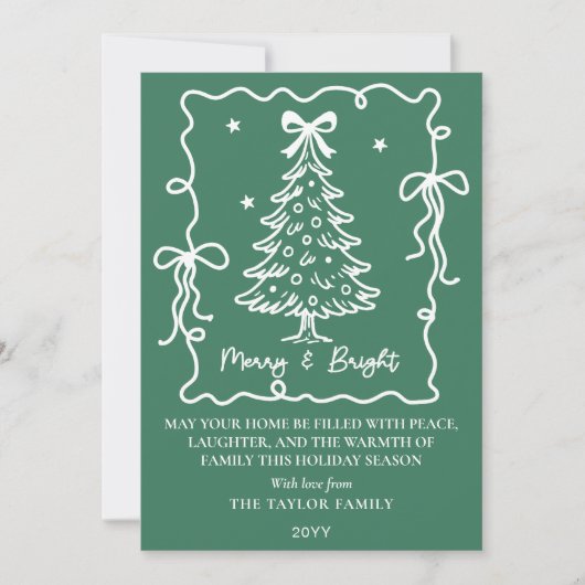 Cartes Pour Fêtes Annuelles Dark Green Merry & Bright White Hand Drawn Tree (Devant)