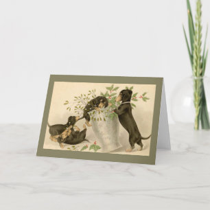 Cartes Pour Fêtes Annuelles Daschunds espiègles avec la baie et le vase de