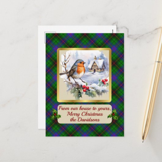 Cartes Pour Fêtes Annuelles Davidson Tartan w/Robin Personalized (Devant/Arrière en situation)
