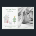 Cartes Pour Fêtes Annuelles De Notre Maison À Vos Photos Noël<br><div class="desc">"De notre maison à la vôtre" Ajoutez votre choix d'image.  Maison douce avec petit bonhomme de neige.  Changez votre nom et quel accueil de vacances mignon. Si simple et adorable. Cadre vert pastel.</div>