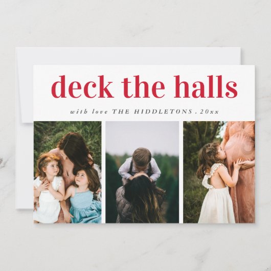 Cartes Pour Fêtes Annuelles Deck Les Halls Rouge Script Trois Vacances Photo (Devant)