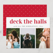 Cartes Pour Fêtes Annuelles Deck Les Halls Rouge Script Trois Vacances Photo (Devant / Derrière)