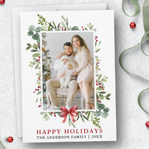 Cartes Pour Fêtes Annuelles Décoration florale aquarelle Joyeux Noël Ruban rou