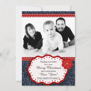 Cartes Pour Fêtes Annuelles Denim avec photo de Noël à pois rouges et blancs