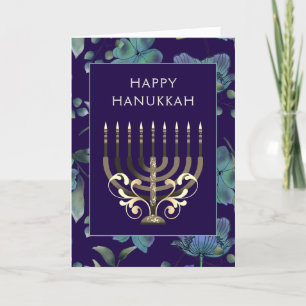 Cartes Pour Fêtes Annuelles Des fleurs de Menorah en or bleu Hanoukka
