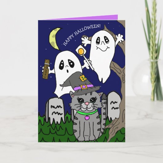 Cartes Pour Fêtes Annuelles Dessin à main Chat Halloween Salutations (Devant)