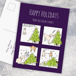 Cartes Pour Fêtes Annuelles Dessin animé violet de Noël de chat de chien drôle