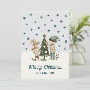Cartes Pour Fêtes Annuelles Dessin d'enfants mignons décorant un sapin de Noël