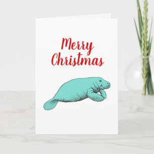Cartes Pour Fêtes Annuelles Dessin Vintage de Lamantin Noël Xmas Aqua