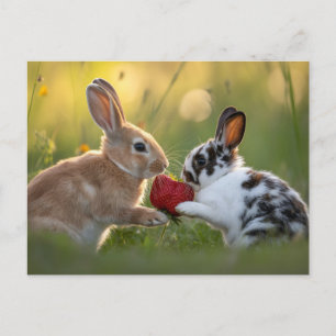 Cartes Pour Fêtes Annuelles Deux bébés lapins partageant une grosse fraise mûr