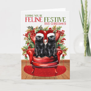 Cartes Pour Fêtes Annuelles Deux chats de Noël noirs Bombay FELINE Festin
