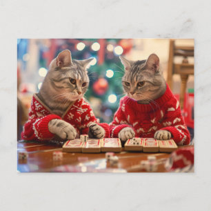 Cartes Pour Fêtes Annuelles Deux chats en pulls rouges sur fond festif