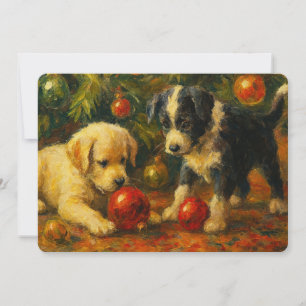 Cartes Pour Fêtes Annuelles Deux chiots mignons sous l'arbre de Noël