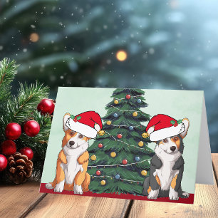 Cartes Pour Fêtes Annuelles Deux Corgi Sapin de Noël Chien Casquette de Père N