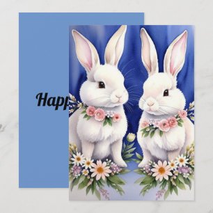 Cartes Pour Fêtes Annuelles Deux lapins de garenne et fleurs