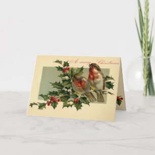 Cartes Pour Fêtes Annuelles Deux oiseaux sur une branche de Holly