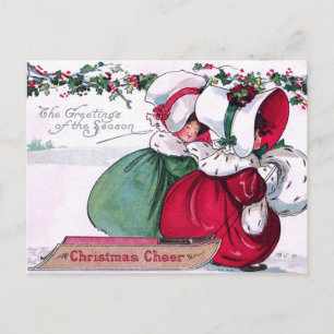 Cartes Pour Fêtes Annuelles Deux petites filles tirant une traîneau de Noël