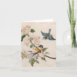 Cartes Pour Fêtes Annuelles Deux petits oiseaux près d'une branche de fleurs d