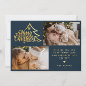 Cartes Pour Fêtes Annuelles Deux photos de Noël bleu de script minimal Joyeux (Devant)