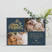 Cartes Pour Fêtes Annuelles Deux photos de Noël bleu de script minimal Joyeux (Debout devant)