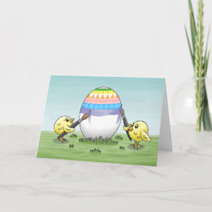 Cartes Pour Fêtes Annuelles Deux poulets peignant un œuf de Pâques