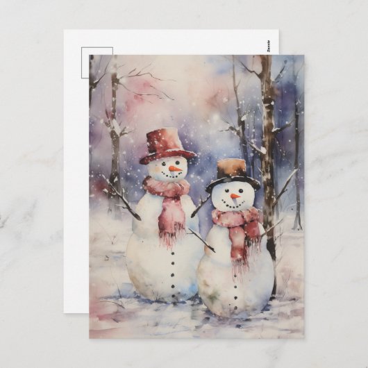 Cartes Pour Fêtes Annuelles Deux Snowmen en Casquette et Écarts Noël (Devant / Derrière)