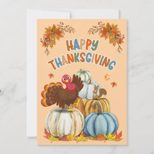 Cartes Pour Fêtes Annuelles Dinde mignonne et citrouilles rétro Joyeux Thanksg