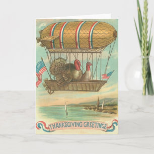 Cartes Pour Fêtes Annuelles Dindons dans un ballon à air chaud avec drapeaux a