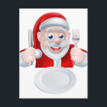 Cartes Pour Fêtes Annuelles Dîner de Noël de Père Noël<br><div class="desc">Une illustration de bande dessinée de Noël du père noël prête pour son repas de Noël tenant un couteau et une fourchette avec son plat devant lui</div>