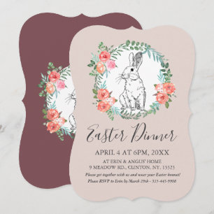 Cartes Pour Fêtes Annuelles Dîner de Pâques Bunny Chic Boho Floral Mauve Invit