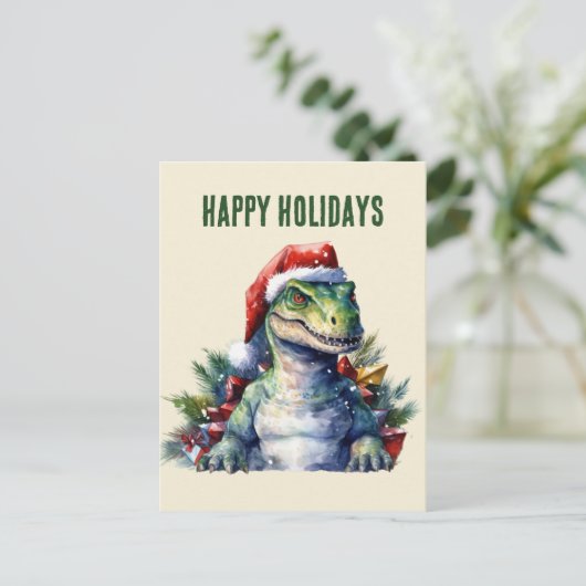 Cartes Pour Fêtes Annuelles Dinosaure aquarelle Noël Père Noël Holiday Postca (Debout devant)