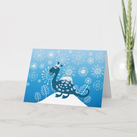 Cartes Pour Fêtes Annuelles Dinosaure mignon jouant dans la neige ! (Devant)