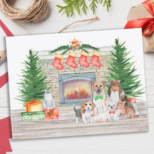 Cartes Pour Fêtes Annuelles Dogs Cats Puppies Kittens Cute Christmas Fireplace