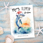 Cartes Pour Fêtes Annuelles Dolphin Père Noël Joyeux Flippin' Christmas Beach<br><div class="desc">Partagez un humour de vacances et vos salutations "Joyeux Flippin' Christmas" avec cette carte d'aquarelle nautique avec un joyeux dauphin dans un chapeau de Père Noël en retournant sa queue et en éclaboussant dans la mer. Idéal pour les amateurs de plage et d'océan. Art par KL Stock</div>