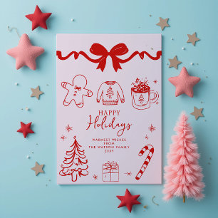 Cartes Pour Fêtes Annuelles Doodle Dessiné à la Main Rouge Rose Noël