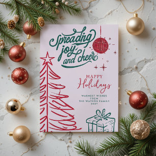 Cartes Pour Fêtes Annuelles Doodle Dessiné à la Main Rouge Vert Rose Noël