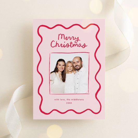 Cartes Pour Fêtes Annuelles Doodle rose Whimsical Wavy Frame Photo de Noël