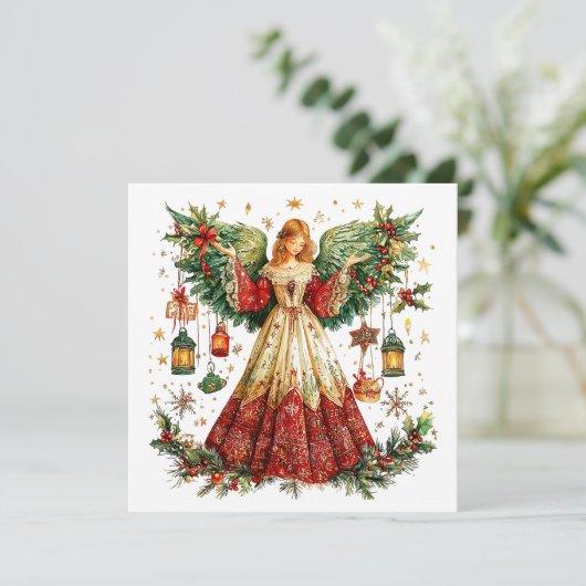 Cartes Pour Fêtes Annuelles Douce ange de Noël avec lanternes allumées (Debout devant)