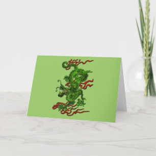 Cartes Pour Fêtes Annuelles Dragon vert avec les rubans rouges habillement et