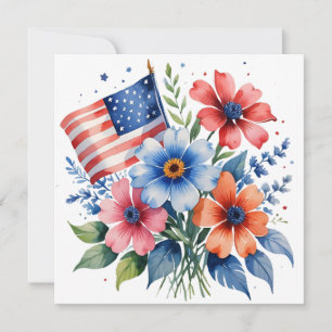 Cartes Pour Fêtes Annuelles Drapeau américain et fleurs du 4 juillet à l'aquar