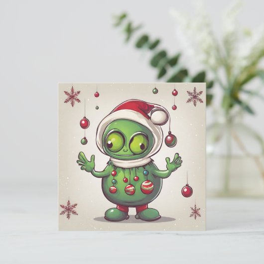 Cartes Pour Fêtes Annuelles Drôle Alien vert Noël (Debout devant)