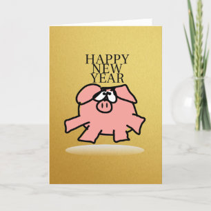 Cartes Pour Fêtes Annuelles Drôle Cartoon Pig Année Golden Greeting Card