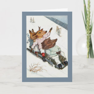 Cartes Pour Fêtes Annuelles Drôle Cerf Boar et Bunny Go Sledding