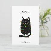 Cartes Pour Fêtes Annuelles Drôle Chat Noir Tangé Dans La Lumière De Noël (Debout devant)